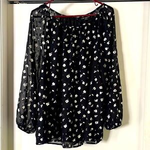 Black and Silver Flower Elegant Peasant Blouse Top